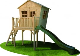 Drewniany domek "Bolek" ze zjeżdżalnią. Prezenty na dzień dziecka
