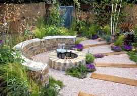 Brick built rustic fire pit, crushed recycled ceramic gravel path with sleepers - 'The Fire Pit Garden' - Silver Medal Winner at the RHS Hampton Court Flower Show 2010
