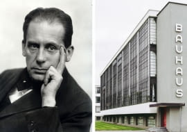 Z lewej: Walter Gropius / Z prawej: siedziba Bauhausu w Dessau