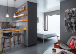 małe mieszkanie, kawalerka, kawalerka w odcieniach szarości