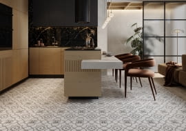 Współczesna interpretacja secesyjnych ornamentów na płytkach połączona z naturalnymi materiałami pozwala stworzyć ponadczasowe wnętrze.