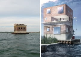 Wieża na Zatoce Puckiej w Juracie - dawna wieża obserwacyjna niemieckiego poligonu torpedowego. Z lewej: stan obecny/ Z prawej: projektu rozbudowy przygotowany przez MFRMGR Frejda & Gratkowski Architekci