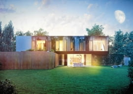 Przeszklone płaszczyzny sprawiają, że ogrodowa elewacja w dzień jest dyskretnie transparentna, za to wieczorem rozbłyska światłem, ukazując efektowne wnętrza stal kortenowska jest uniwersalna. nie szkodzi jej żadna pogoda i nie wymaga pielęgnacji. Do tego pięknie się starzeje, nabierając rdzawej patyny.