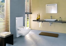 STELAŻE INSTALACYJNE. Monolit to jedyny na rynku stelaż z gotową estetyczną obudową. Aby go zamontować, nie trzeba skuwać starej glazury ani wymieniać instalacji. Można przy nim zainstalować urządzenie dowolnego producenta (również stojące). Producent: Geberit