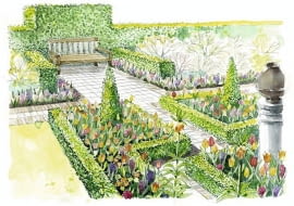 Wiosną rabaty geometryczne mogą zdobić rośliny sezonowe: begonie, żeniszki, pelargonie