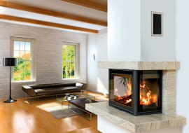 modern living room interior with fireplace (3D rendering)