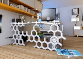 <b> W naszych domach nieustannie przybywa urządzeń zasilanych prądem, a wraz z nimi kabli, które nie tylko szpecą wnętrze, ale też mogą być niebezpieczne dla domowników i sprzętu. Można je pomysłowo ukryć, zyskując zarazem bardzo nietypową ozdobę. </b> <BR /> PRZY BIURKU. Ażurowa 'ścianka' z tyłu biurka podkreśli nowoczesny wystrój wnętrza, nadając mu nieco futurystyczny charakter. Jest bardzo łatwa do zrobienia, a w dodatku tania - potrzebujemy jedynie kształtek trójramiennych, czyli elementów z tworzywa sztucznego używanych np. w hydraulice do rozgałęzienia strumienia wody. Kable przeplatamy przez szerokie rurki kształtek, które potem łączymy ze sobą plastikowymi złączkami. Górne rurki osadzamy w otworach wyciętych w blacie. Konstrukcja przypominająca plaster miodu będzie dobrze wyglądać zarówno w pokoju nastolatka, jak i w domowym biurze.