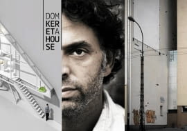 Od lewej: makieta Domu Kereta, autorstwa Jakuba Szczęsnego; Etgar Keret i jego dom w szczelinie między budynkami na ul. Żelaznej