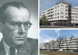 Z lewej: Juliusz Żórawski; Z prawej u góry: Dom Wedla w Warszawie; Z prawej na dole: Szklany Dom w Warszawie