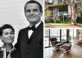 Z lewej: Charles i Ray Eames; Z prawej na górze: Eames House; Z prawej na dole: Lounge Chair