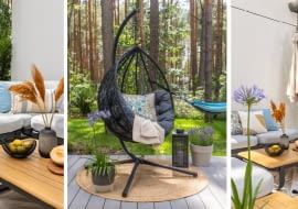 Proste meble w stonowanych kolorach stanowią odpowiednie tło dla wyrazistych poduszek. Drewno i kolor juty ocieplają to miejsce wizualnie, a fioletowe rośliny doniczkowe na tym tle wyglądają efektownie.