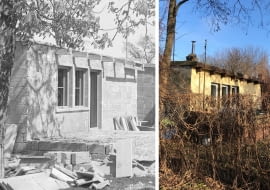 Eksperymentalne domki z gruzobetonu w Warszawie. Z lewej: budowa w 1948 roku; Z prawej: w 2025 roku