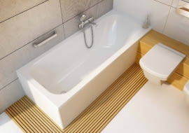 Filon/AQUAFORM. Wanna z akrylu odpornego na odbarwienia i ciepłego w dotyku; prostokątna konstrukcja sprawdzi się w ściennych wnękach; wymiary: szer. 70 cm, dł.: 140, 150, 160 i 170 cm. Cena: 467-479 zł, www.aquaform.pl