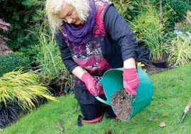 Krok 5. Posadzone cebulki przykrywam ziemią wykopaną z dołka i wzbogaconą gotowym podłożem ogrodniczym, którą trzymam w plastikowym koszu. Dzięki temu, że łatwo można go spłaszczyć, sypię ziemię precyzyjnie, wypełniając nią cały dołek, a jej grudki nie trafiają na trawnik.