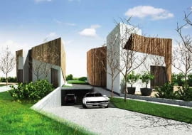 Elewacja wschodnia. Na pierwszym planie wjazd do podziemnego garażu