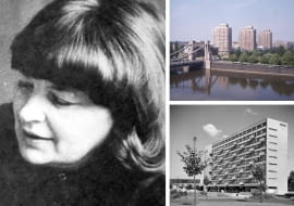 Z lewej: Jawiga Grabowska-Hawrylak; Z prawej u góry: osiedle "Manhattan", Z prawej na dole: Dom Naukowca przy placu Grunwaldzkim