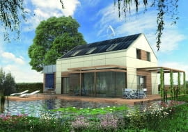 Projekt domu ADD - od strony północnej jego dach pokryty jest trawą. Pergola otaczająca budynek jest w strefie wejścia zabudowana. Komin jest zintegrowany z wiatrakiem o pionowej osi obrotu. Nad garażem znajduje się taras ogrodzony barierką z matowego szkła, na który wychodzi się z sypialni rodziców