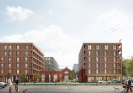 Zabudowa terenu dawnej fabryki Perun przy ul. Grochowskiej 301/305 w Warszawie - widok od strony ul. Grochowskiej. Proj. WWAA