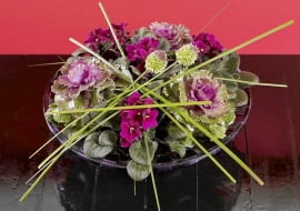 kompozycja z kwiatów doniczkowych fiołki afrykańskie, kapusta ozdobna