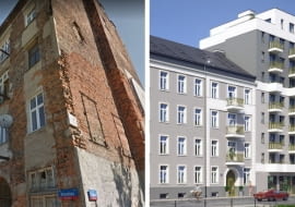 Wrzesińska 2. Z lewej: kamienica obecnie; Z prawej: wizualizacje obiektu