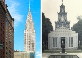 Z lewej: Chrysler Building w Nowym Jorku, z prawej: polski pawilon na wystawę w Paryżu w 1935 rok