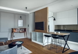 Otwarta kuchnia pozwoliła zaoszczędzić przestrzeń.