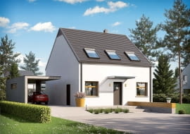 Metryka budynku E8. Projekt: Biuro projektów Archipelag, arch. Artur Wójciak, www.archipelag.pl. Powierzchnia domu: 112 m2. Powierzchnia zabudowy: 123 m2. Kubatura: 444,57 m3. Minimalne wymiary działki: 20,30 m x 23,30 m