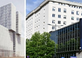 Z lewej: wizualizacja nowej siedziby NBP; z prawej: siedziba NBP