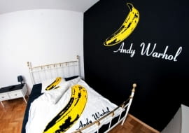 sypialnia, wnętrza, meble, pop art