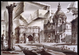 Kaprys architektoniczny. Forum Romanum albo Dwa Światy I projekt scenografii piórko, pędzel, tusz chiński, akwarela, papier do akwareli na krośnie, 2013