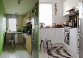 Metamorfoza kuchni: wcześniej ciemna i bez wyrazu, po przemianie jasna i nowowczesna.