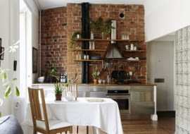 mieszkanie w skandynawskim stylu, luksfery, kawalerka, małe mieszkanie, aranżacja, cegła