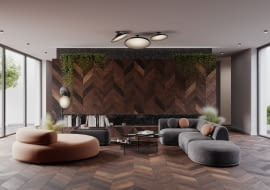 Deski ułożone we wzór jodełki francuskiej dodadzą eklektycznego charakteru nowoczesnym przestrzeniom, FertigDeska Chevron Dąb Antyk w eleganckim, ciemnym odcieniu szlachetnego dębu.