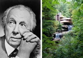 Z lewej: Frank Lloyd Wright; z prawej: Fallinwater (Dom nad wodospadem)