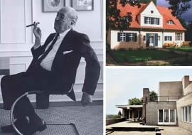 Z lewej: Mies van der Rohe w swoim apartamencie w Chicago w 1964 roku; Z prawej na górze:  Dom Rieh'a, Poczdam-Neubabelsberg. Projekt Miesa van der Rohe z 1907 roku. Dom przeszedł renowację w 2001 roku według projektu Folkerts Architekten; Z prawej na dole: Willa Wolfa w Guben