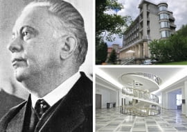 Z lewej: Bohdan Pniewski; Z prawej u góry: Patria w Krynicy-Zdroju; Z prawej na dole: okrągłe schody w budynku Senatu