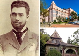 Z lewej: Jan Koszczyc Witkiewicz; Z prawej na górze:  Gmach Główny SGH w Warszawie; Z prawej na dole: Ochronka w Nałęczowie