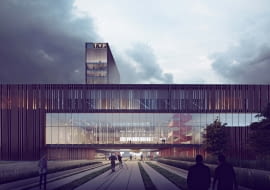 Strefa głównego wejścia z placem publicznym i otwartym dziedzińcem.