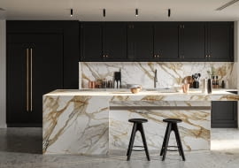 Wzór spieku kwarcowego Marmo Calacatta Mediceo Soft Touch z ekspresyjnym rysunkiem żył szarych i złocistordzawych ożywi każdą kuchnię.