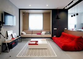 nowoczesne mieszkanie, małe mieszkanie, mieszkanie z czerwonymi akcentami