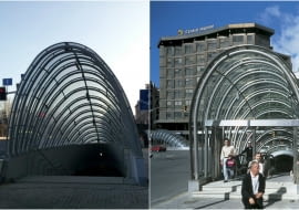 Zejście do podziemnego przejścia w Białymstoku, obok zejście do metra w Bilbao