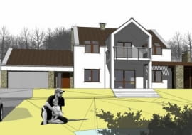 Widok na dom, staw i wzgórze od strony wjazdu na działkę