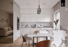 Eleganckie mieszkanie w bieli, beżach i szarości