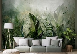 Fototapeta W porannej rosie - pejzaż liści na zielonym tle Nr 144492