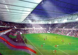 Dla niemieckiego konsorcjum stadion zaprojektowali architekci z pracowni Rhode Kellerman Wawrowsky. To obiekt na 35 tys. miejsc z rozsuwanym, przeszklonym dachem. Raczej niemożliwe jest, by na polskim stadionie trybuny znajdowały się tak blisko boiska i nie były ogrodzone