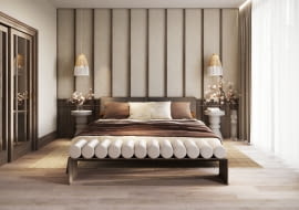 Jasne, stonowane barwy: beże, kremy i ciepłe szarości podkreślają urodę ciemnego drewna, nie obciążając przestrzeni.