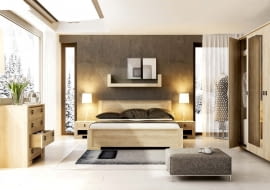 Z KLIMATEM. Jasne drewno jest ciepłe i przytulne, a jednocześnie nie dominuje we wnętrzu. Sypialnia NEBRASKA: łóżko (200 x 160 cm) 699 zł, szafka nocna 159 zł Agata