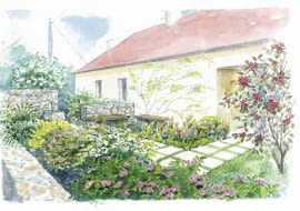 Projekt z jabłonią i krzewami