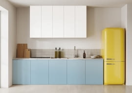 Plyta laminowana blekit krystaliczny U18003; biel arktyczna U11027; blat marmur callacatta S63054