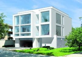 Elewacja frontowa, dom z dwupiętrową częścią dzienną